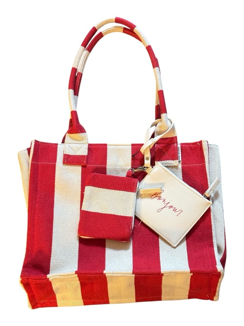 Rae Dunn Red and Cream Bonjour Striped Tote with Card Pouch and coin purse. NWT